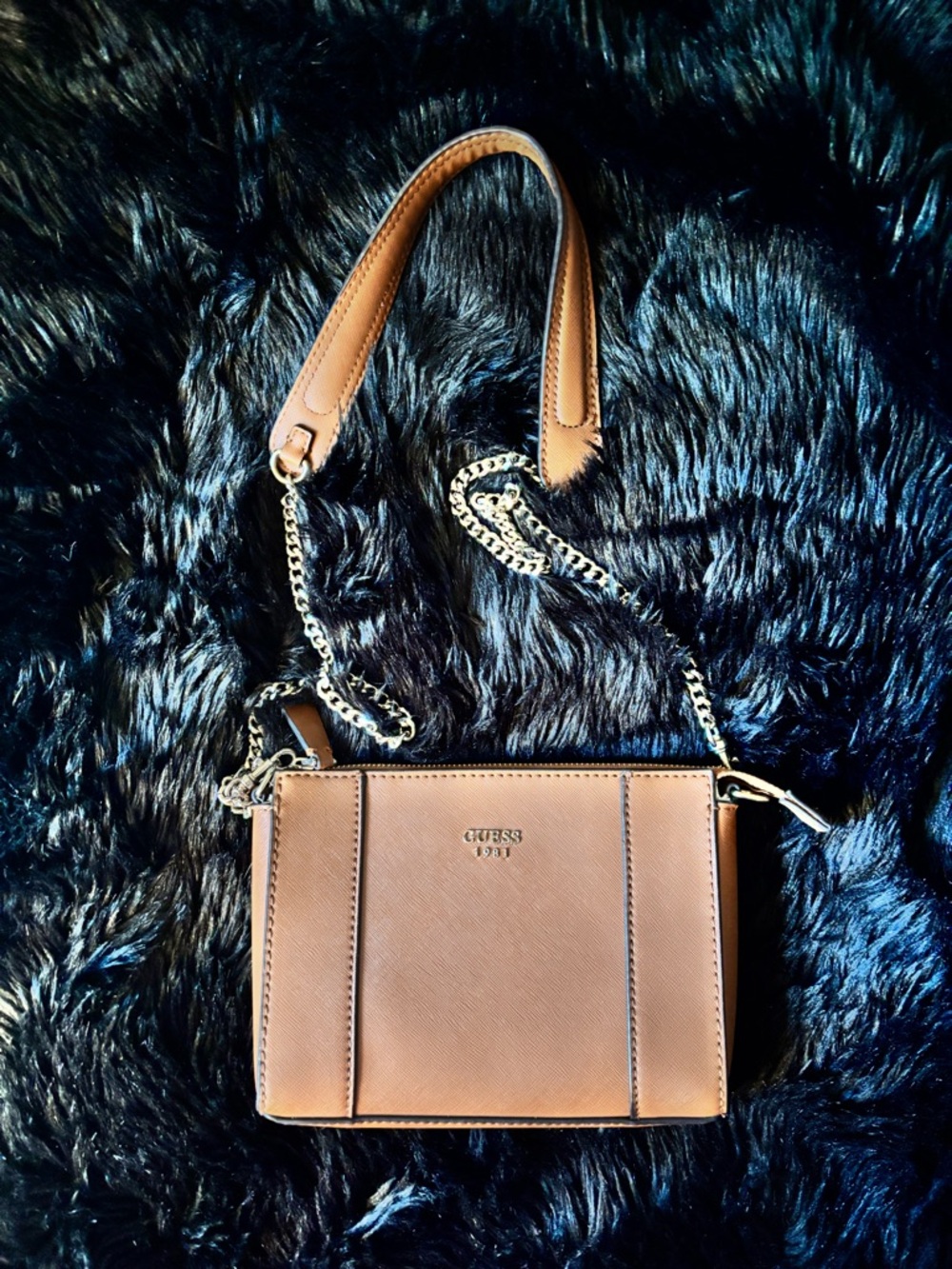 GUESS Tan Leather-Look Crossbody with Silver Chain Strap